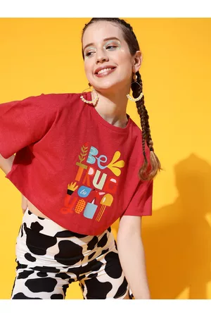 STREET 9 Women Red Printed Extended Sleeves Bio Finish Oversized T-shirt