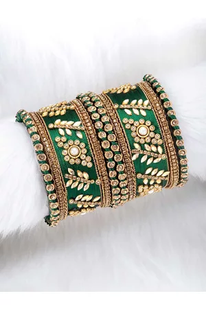 Peora Women Set of 10 Green & Gold-Toned Designer Silk Thread Matching Bangles