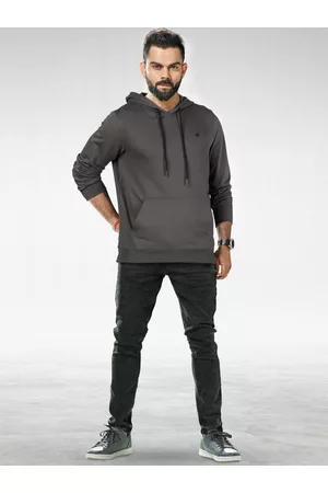WROGN Men Charcoal Grey Solid Slim Fit Hooded Sweatshirt