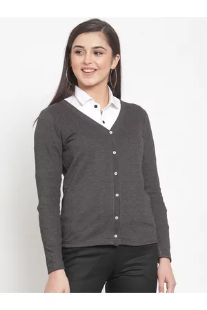 KASSUALLY Women Charcoal Grey Solid Cardigan Sweater