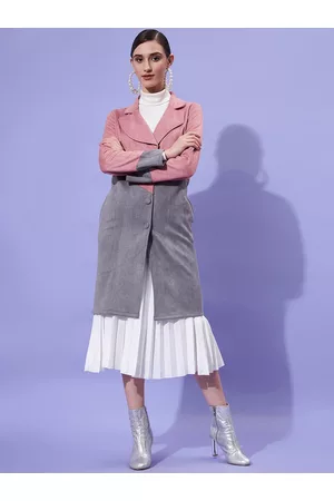 ATHENA Women Pink & Grey Colorblocked Longline Overcoat