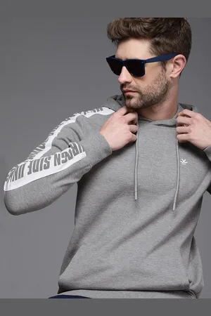WROGN Men Grey Side Print Detail Hooded Pullover Sweatshirt