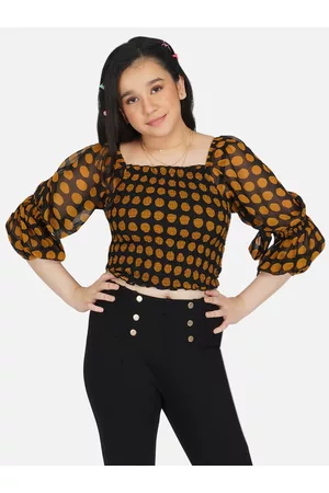 Antheaa Girls Black & Brown Polka Dot Print Smocked Georgette Crop Top