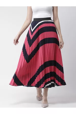 KASSUALLY Pink & Black Colourblocked Pleated A-Line Skirt