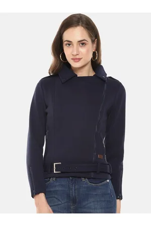 Campus Women Navy Blue Windcheater Crop Tailored Jacket