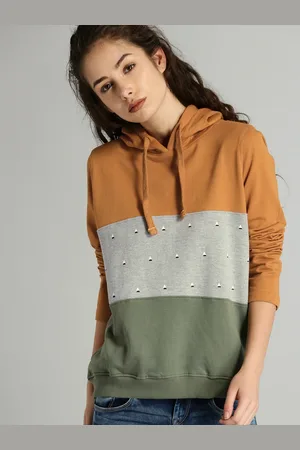 Roadster Women Mustard & Grey Colourblocked Hooded Sweatshirt