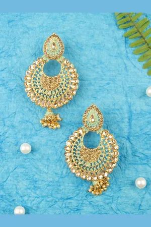 AccessHer Gold-Toned & Green Brass-Plated Kundan Enamelled Crescent Shaped Chandbalis