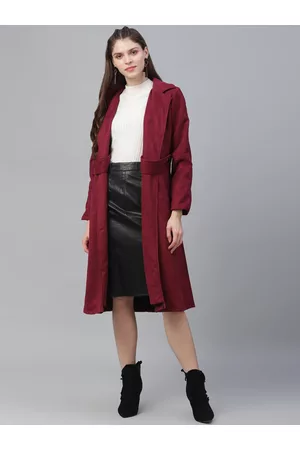 ATHENA Women Burgundy Solid Suede Coat With Side Flap Detail
