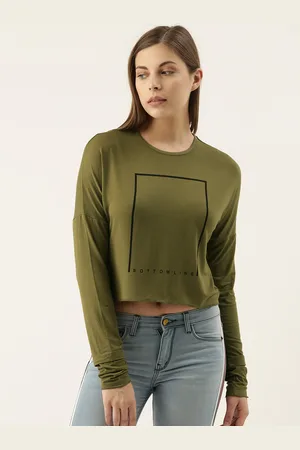 Campus Women Olive Green Printed Round Neck Crop Pure Cotton T-shirt