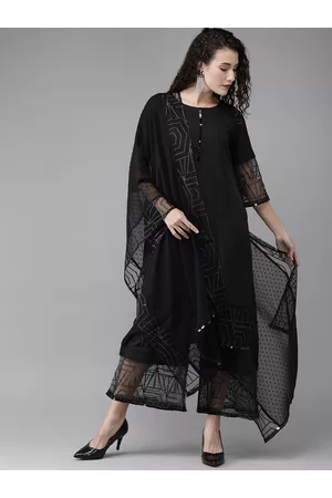 Ahalyaa Women Black Embellished Kurta with Palazzos & Dupatta