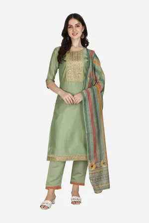 Berrylicious Women Sea Green Floral Yoke Design Thread Work Kurta With Trousers & Dupatta
