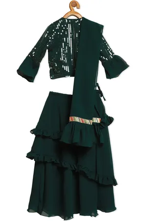 Ethnovog Girls Green Embellished Sequinned Lehenga Blouse With Dupatta