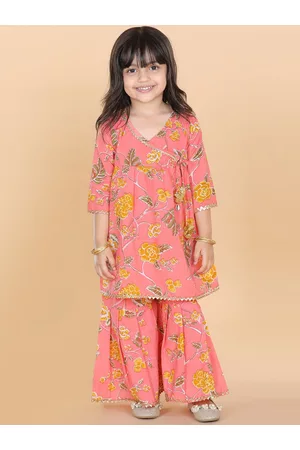 ADIVA Girls Peach Printed Angrakha Pure Cotton Kurta with Sharara