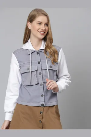 Campus Women Blue White Colourblocked Windcheater Denim Jacket