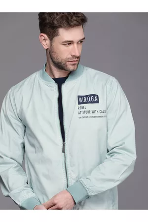 WROGN Men Blue Typography Pure Cotton Bomber Jacket