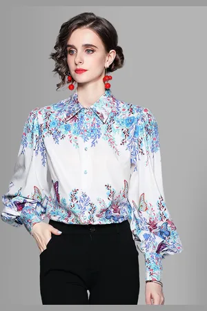 JC Collection Women White Floral Printed Puff Sleeves Casual Shirt