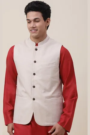Fabindia Men Beige Woven Design Nehru Jacket