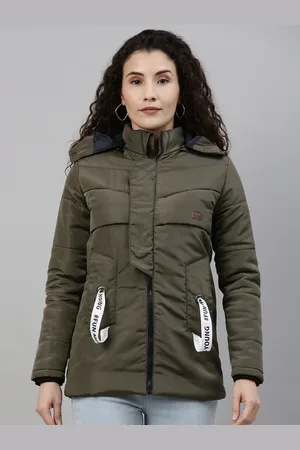 Campus Women Olive Green Windcheater Parka Jacket
