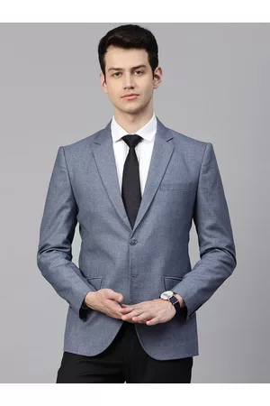 MANQ Men Blue Slim Fit Solid Single-Breasted Formal Blazer