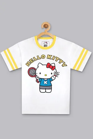 Kidsville Girls White & Yellow Hello Kitty Printed Cotton T-shirt