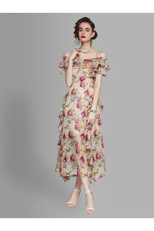 JC Collection Beige & Pink Floral Off-Shoulder Midi Dress