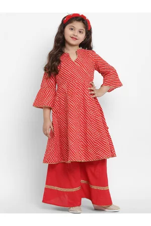 Bhama Girls Red Bandhani Pure Cotton A-line Kurta with Palazzos
