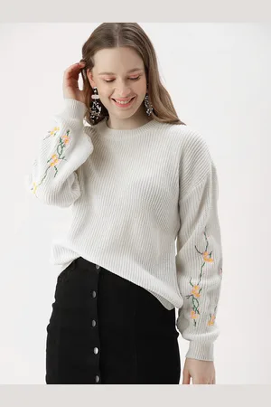 DressBerry Women Off-White Self Design Sweater