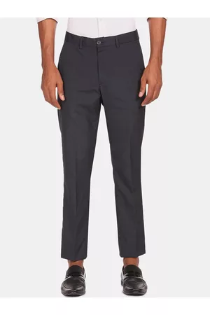 Buy Excalibur Charcoal Solid Flat Front Trousers for Men Online @ Tata CLiQ