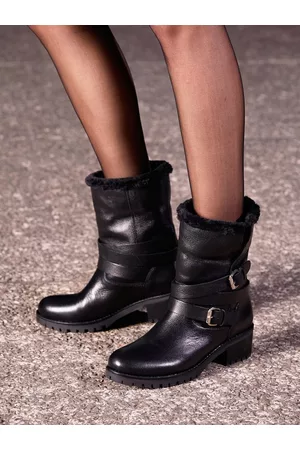 SAINT G. Women Black Buckle Decorative High Ankle Leather Boots