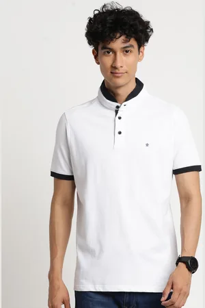 Turtle Men White Mandarin Collar Cotton Slim Fit T-shirt