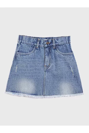 Sassafras Girls Blue Washed Distressed Pure Cotton Denim Mini A-line Skirt