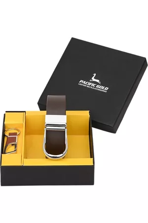 Pacific Men Brown & Silver-Toned Genuine Leather Accessory Gift Set