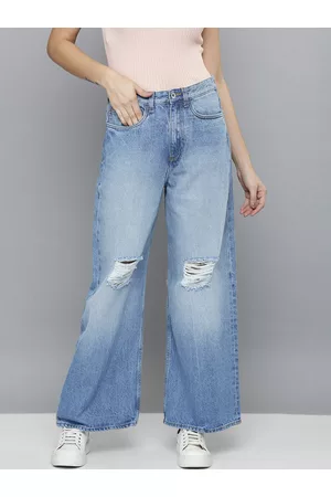 Flying Machine Women Blue Wide Leg High-Rise Heavy Fade Stretchable Jeans