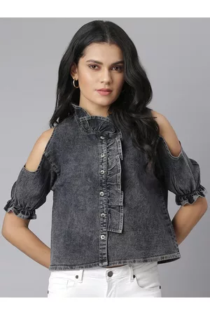 KASSUALLY Women Charcoal Faded Neck Frilled Cold Shoulder Denim Shirt