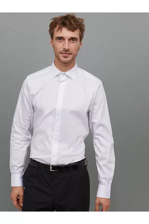 H&M Men White Solid Stretch Shirt Slim Fit