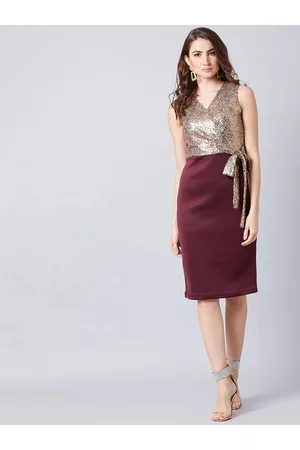 ATHENA Burgundy & Brown Embellished Sheath Dress