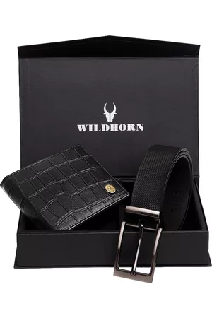 WildHorn Men Black RFID Protected Genuine Leather Accessory Gift Set