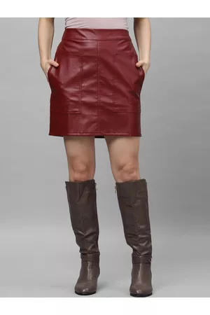 ATHENA Maroon Solid Leather Straight Skirt