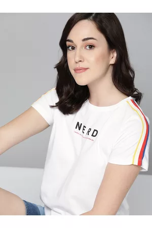 HARVARD Women White Printed Detail Pure Cotton Round Neck T-shirt