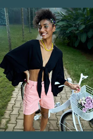 MANGO Women Pink Pure Cotton Solid High-Rise Denim Shorts