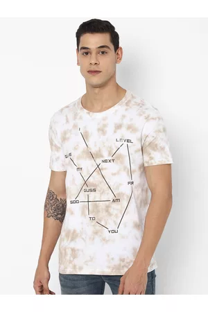 Forever 21 Men White & Beige Dyed & Graphic Print Cotton T-shirt