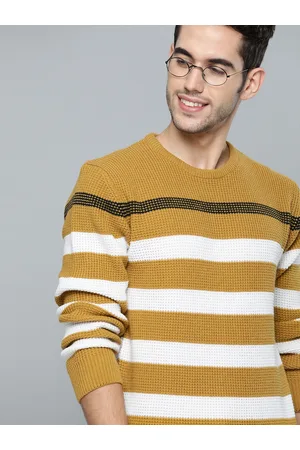 Mast & Harbour Men Mustard Yellow & White Striped Pullover Sweater