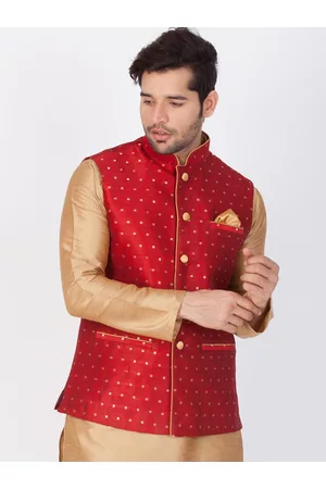 Vastramay Men Maroon Woven Design Nehru Jacket