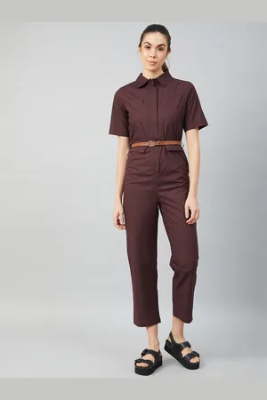 ATHENA Women Brown Solid Cotton Jumpsuit