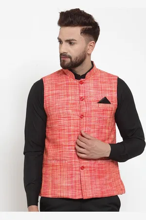 KLOTTHE Men Red & Yellow Woven Design Pure Cotton Nehru Jacket