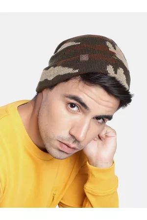 WROGN Unisex Camel Brown & Green Acrylic Camouflage Beanie