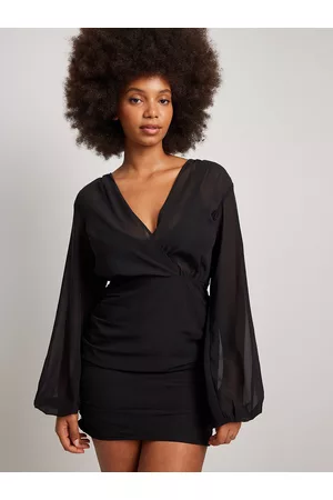 NA-KD Women Black Solid Chiffon Semi Sheer V-Neck Puff Sleeves Sheath Dress