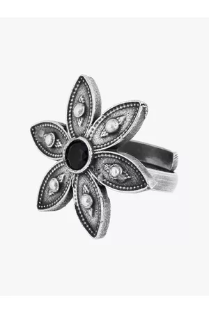 Adwitiya Collection Oxidized Silver-Plated Black Stone-Studded Adjustable Finger Ring