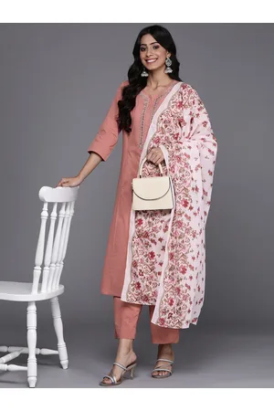 Biba Women Mauve Ethnic Motifs Embroidered Pure Cotton Kurta with Trousers & With Dupatta