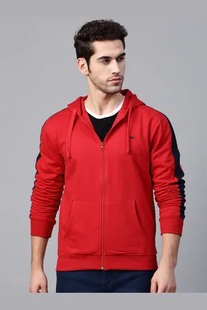 Park Avenue Men Red Solid Hooded Sweatshirt